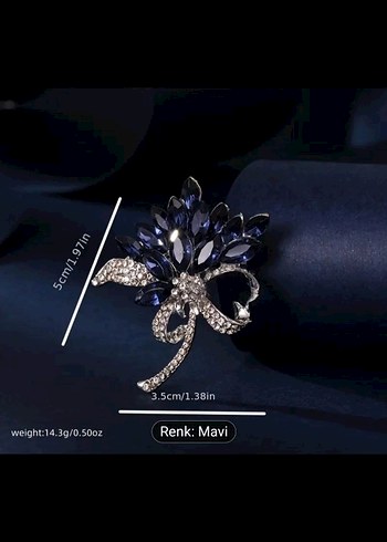 Koyu Mavi Taşlı Çiçek Broş - Görsel 5