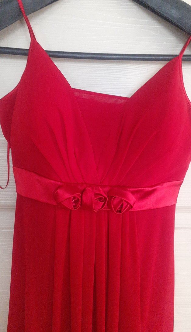 Kırmızı Drapeli V Yaka Midi Abiye Elbise - Görsel 3