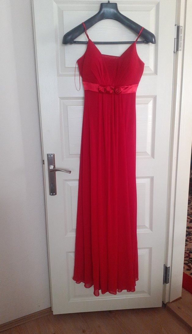 Kırmızı Drapeli V Yaka Midi Abiye Elbise - Görsel 2