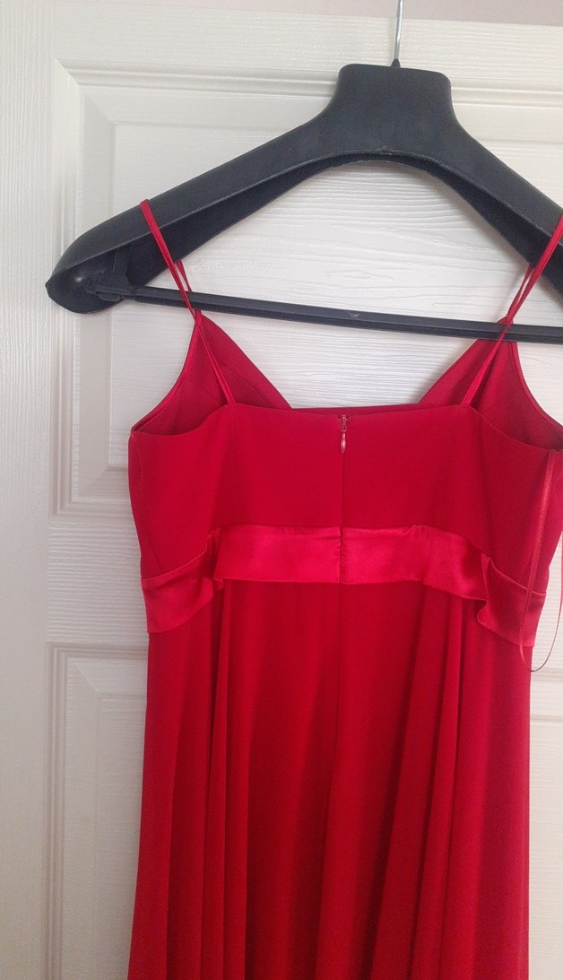 Kırmızı Drapeli V Yaka Midi Abiye Elbise - Görsel 4