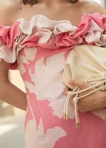 Pembe Batik Desenli Uzun Straplez Keten Elbise - Görsel 6