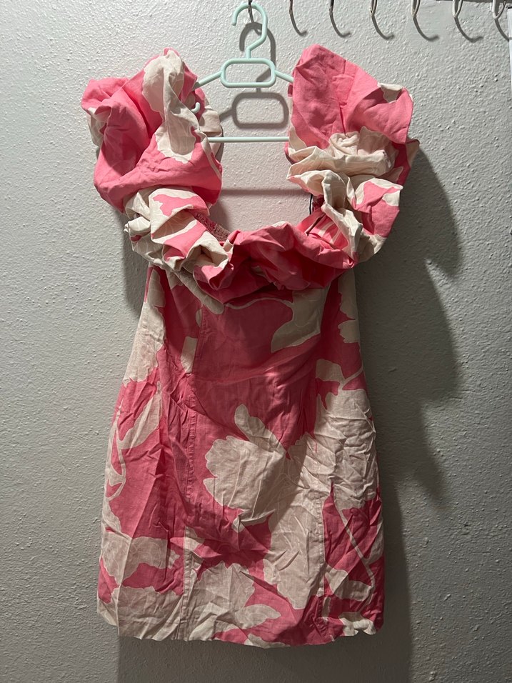 Pembe Batik Desenli Uzun Straplez Keten Elbise - Görsel 3