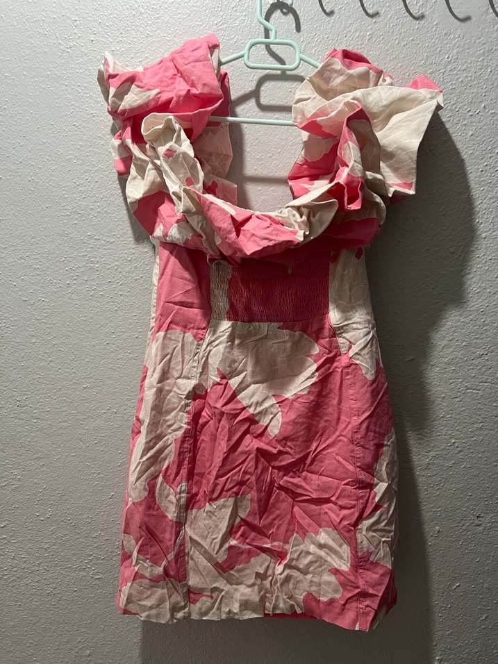 Pembe Batik Desenli Uzun Straplez Keten Elbise - Görsel 4