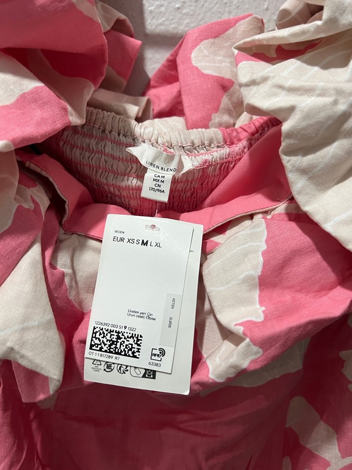 Pembe Batik Desenli Uzun Straplez Keten Elbise - Görsel 5