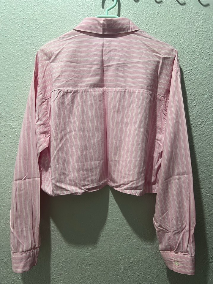 Pembe Çizgili Uzun Kollu Keten Gömlek - Görsel 2