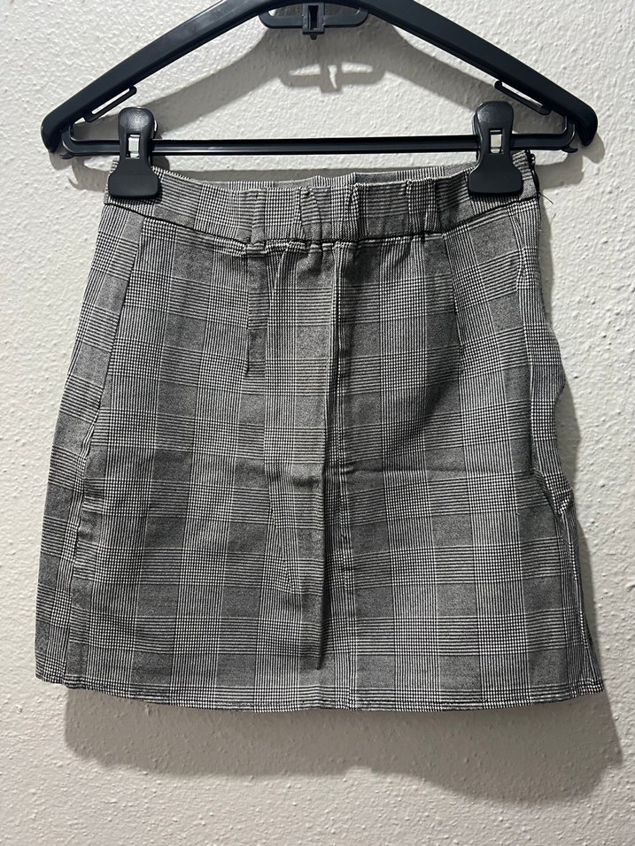 Gri Ekose Desenli Kemerli Mini Etek - Görsel 2