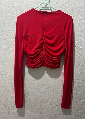 Drapeli Kırmızı Kadın Bluz, Uzun Kollu, Mini - Görsel 2