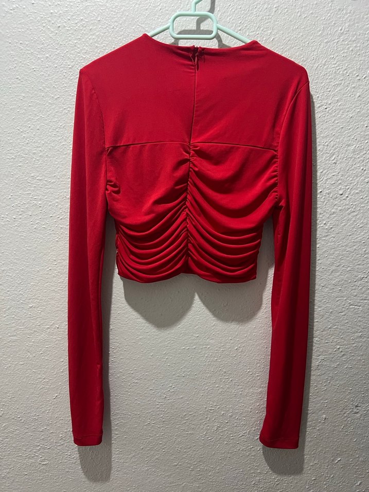 Drapeli Kırmızı Kadın Bluz, Uzun Kollu, Mini - Görsel 2