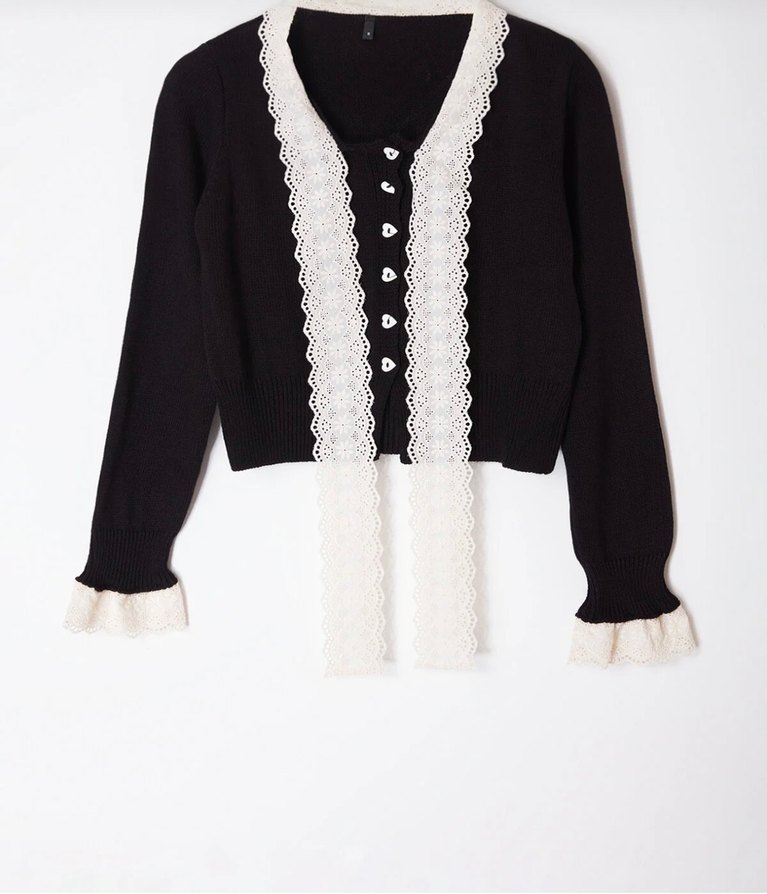 Düğmeli Siyah Triko Hırka Dantel Detaylı - Görsel 3