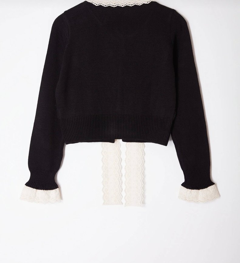 Düğmeli Siyah Triko Hırka Dantel Detaylı - Görsel 4