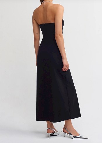 Siyah Straplez Uzun Elbise Yırtmaçlı - Görsel 2