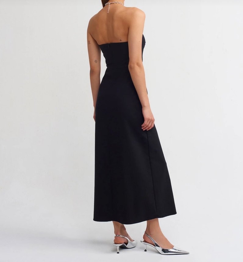 Siyah Straplez Uzun Elbise Yırtmaçlı - Görsel 2