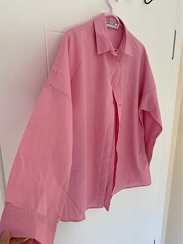 Diğer Pembe oversize uzun basic gömlek