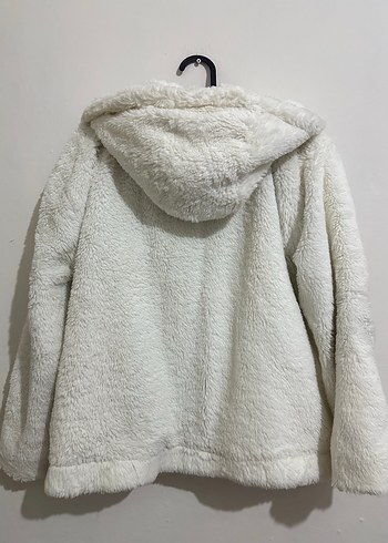 Beyaz Kapüşonlu Kadın Peluş mont Ceket - Görsel 2