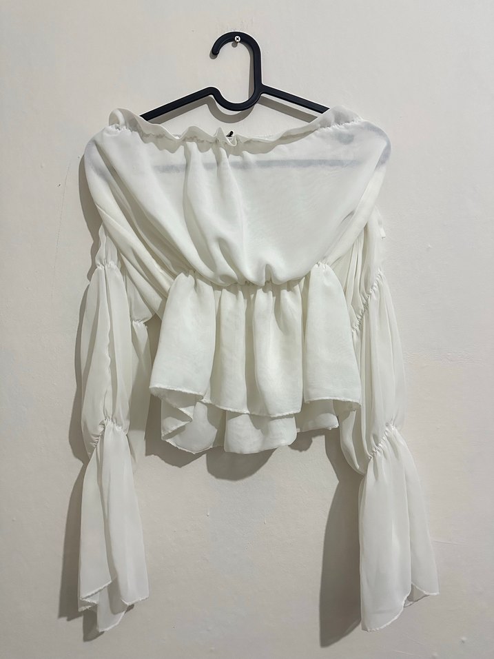 Beyaz Drapeli Uzun Kollu Kadın Bluz - Görsel 2