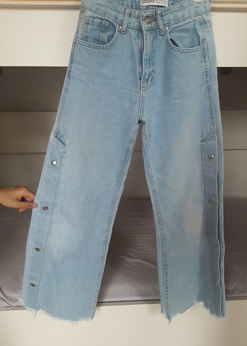 Düğmeli Mavi Midi Bol Kesim Kadın Kot Pantolon - Görsel 2