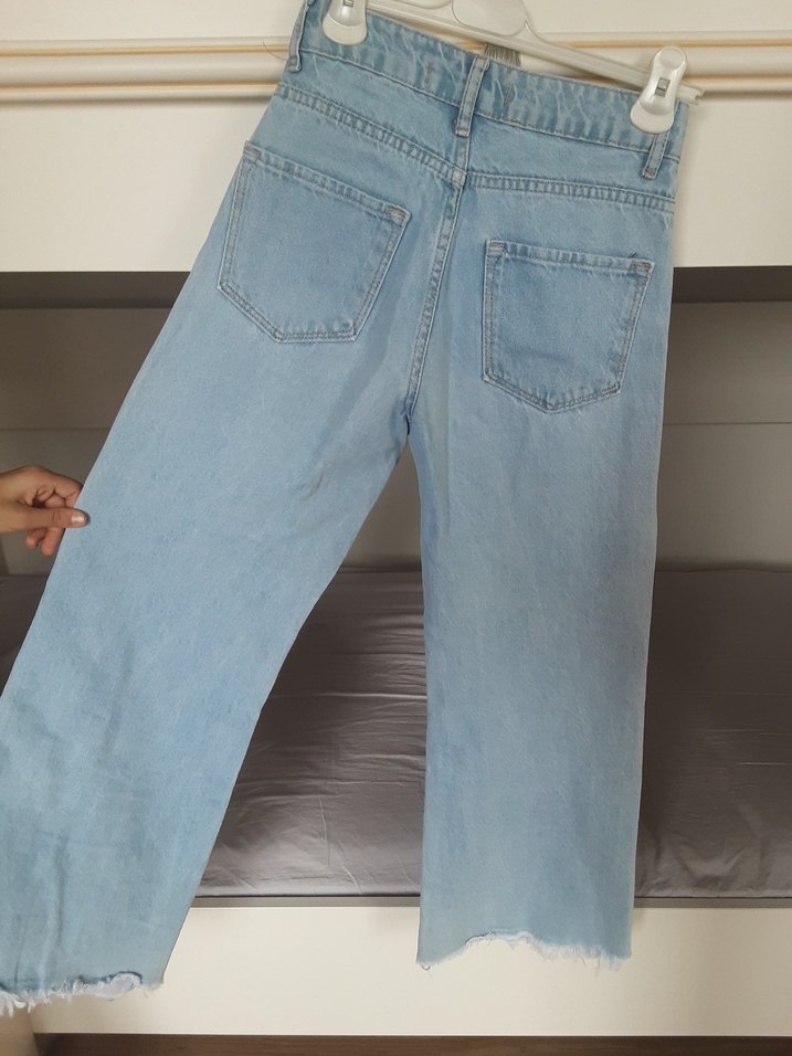 Düğmeli Mavi Midi Bol Kesim Kadın Kot Pantolon - Görsel 4