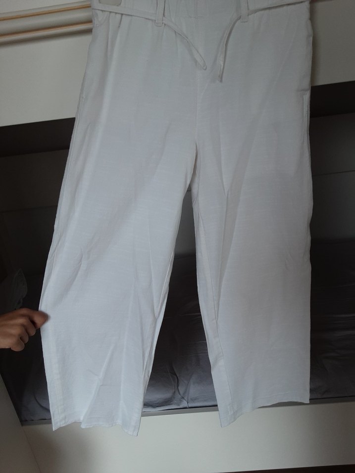 Kadın Beyaz Pamuklu Salaş Kumaş Pantolon - Görsel 2