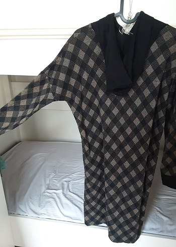 Kapüşonlu Uzun Ekose Triko Tunik - Görsel 3