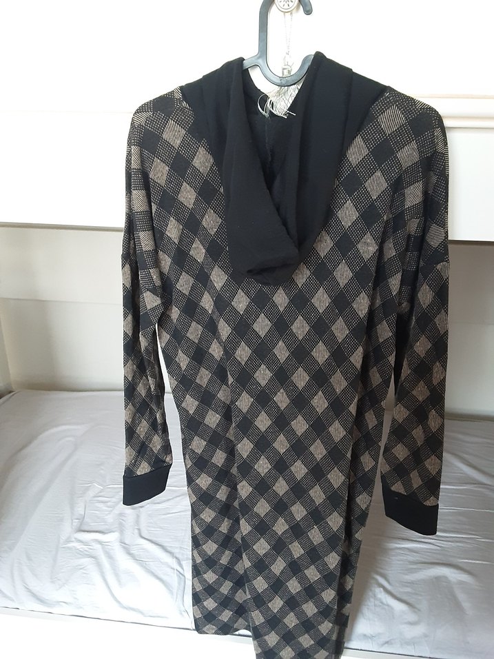 Kapüşonlu Uzun Ekose Triko Tunik - Görsel 4