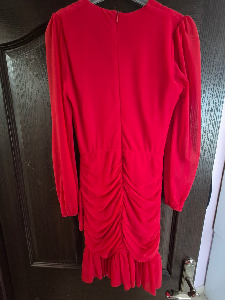 Uzun Kollu Kırmızı Drapeli Kadın Abiye Elbise - Görsel 2