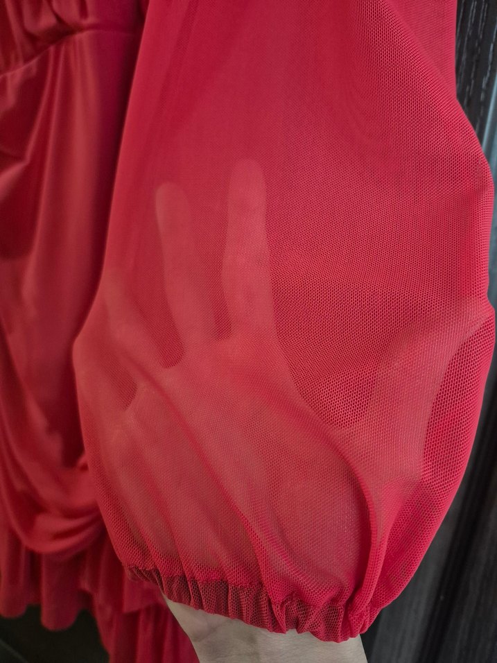 Uzun Kollu Kırmızı Drapeli Kadın Abiye Elbise - Görsel 4