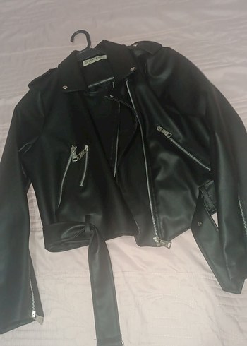 Kadın Siyah Deri Biker Ceket - Görsel 4