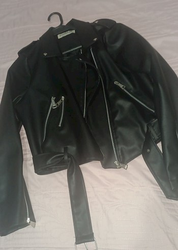 Kadın Siyah Deri Biker Ceket - Görsel 5
