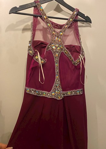 l Beden bordo Renk Bordo Uzun Abiye Elbise, V Yakalı, Taşlı