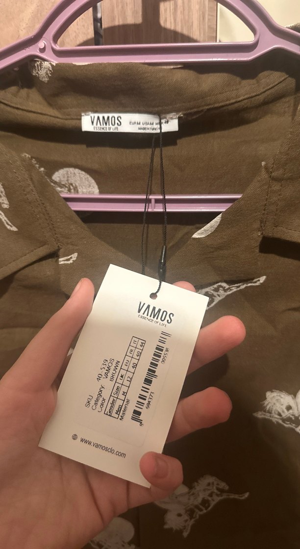 Düğmeli, Kısa Kollu, Baskılı Kahverengi Gömlek - Görsel 3