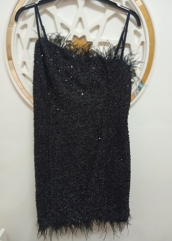 Otriş Detaylı Siyah Mini Gece Elbisesi - Görsel 5