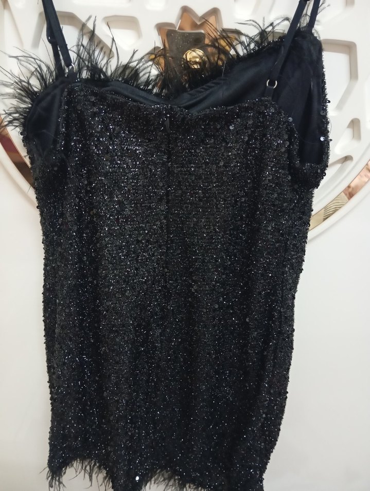 Otriş Detaylı Siyah Mini Gece Elbisesi - Görsel 4