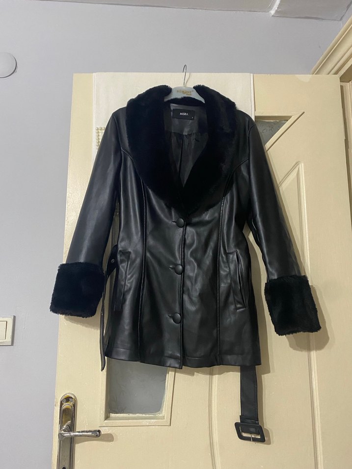 Uzun siyah  Deri Kadın Ceket - Görsel 3