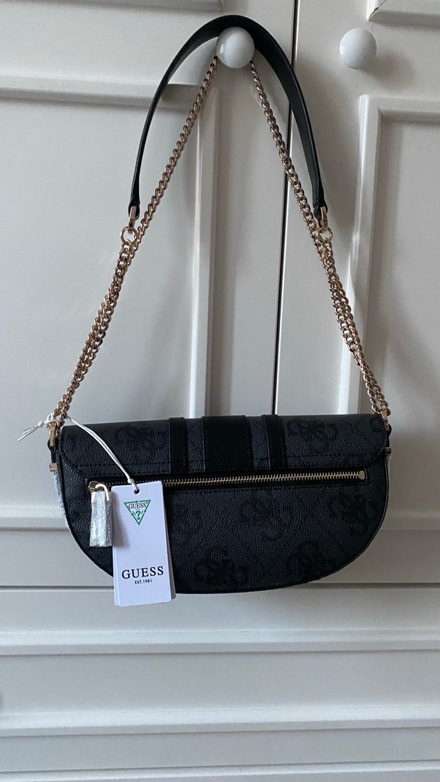 Zincir Detaylı siyah gri monogram Guess Kadın Çanta - Görsel 3