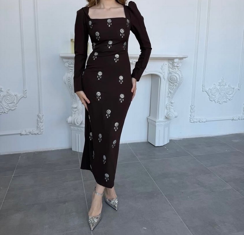 Acı kahve  İşlemeli Uzun Kollu Uzun Elbise - Görsel 2