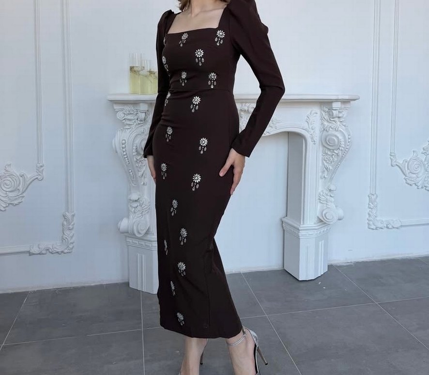 Acı kahve  İşlemeli Uzun Kollu Uzun Elbise - Görsel 3