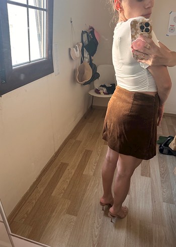 Kahverengi Süet Mini Etek taba rengi - Görsel 3