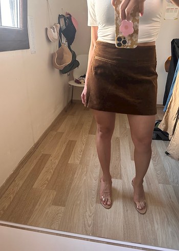 Kahverengi Süet Mini Etek taba rengi - Görsel 2