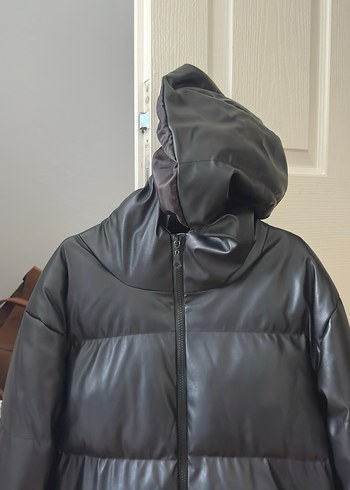 Kemerli Siyah Deri Kadın Kışlık Mont - Görsel 2