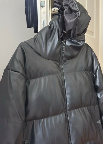 Kemerli Siyah Deri Kadın Kışlık Mont - Görsel 3