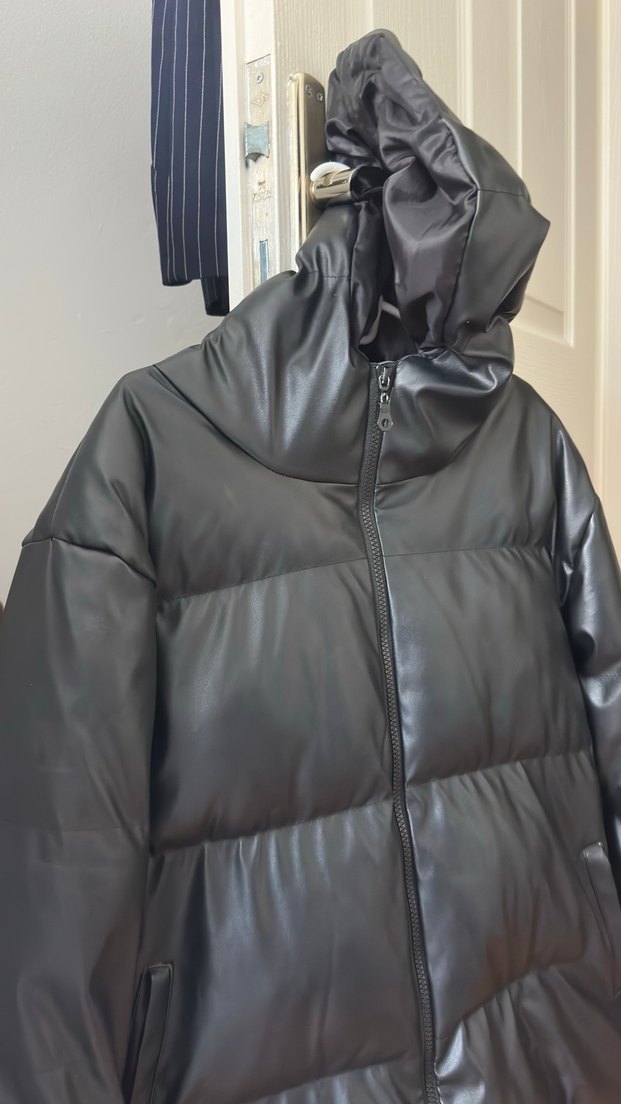 Kemerli Siyah Deri Kadın Kışlık Mont - Görsel 3