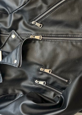 Kadın Siyah Deri Biker Ceket - Görsel 3