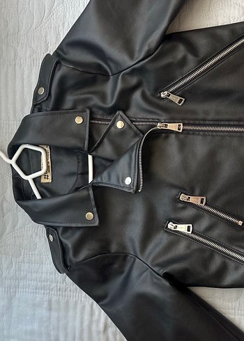 Kadın Siyah Deri Biker Ceket - Görsel 4