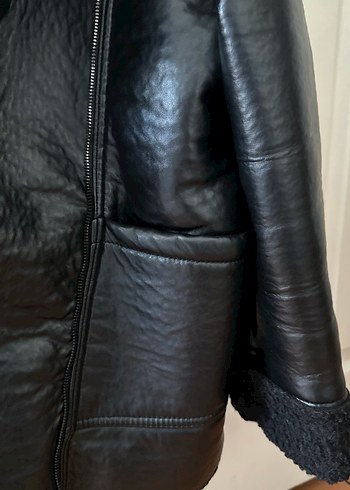 Kürk Detaylı Siyah Deri Midi Kadın Ceket - Görsel 2