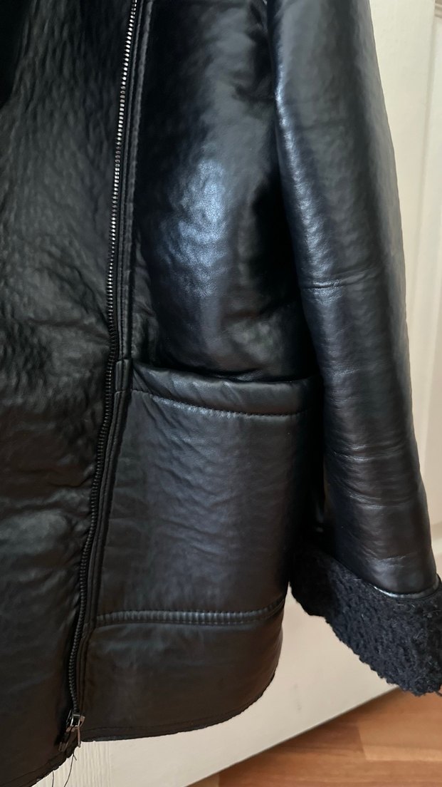 Kürk Detaylı Siyah Deri Midi Kadın Ceket - Görsel 2