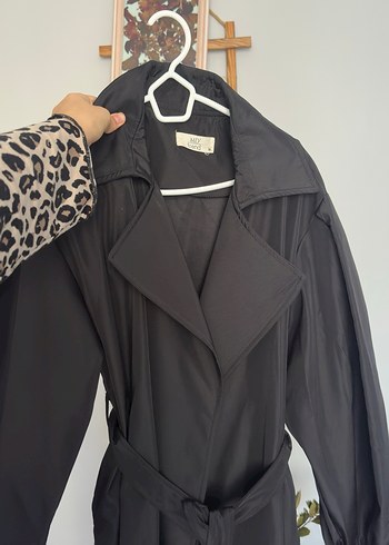 Siyah Kadın Uzun Trençkot Drapeli - Görsel 5