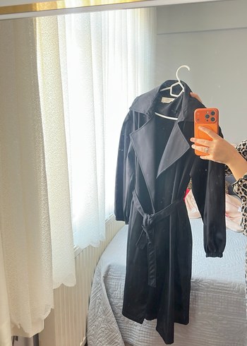 Siyah Kadın Uzun Trençkot Drapeli - Görsel 2