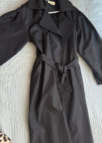 Siyah Kadın Uzun Trençkot Drapeli - Görsel 3