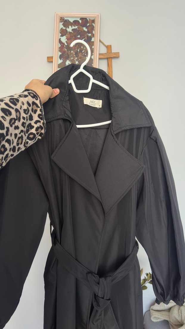 Siyah Kadın Uzun Trençkot Drapeli - Görsel 5