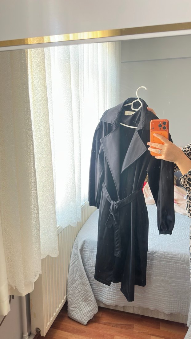 Siyah Kadın Uzun Trençkot Drapeli - Görsel 2